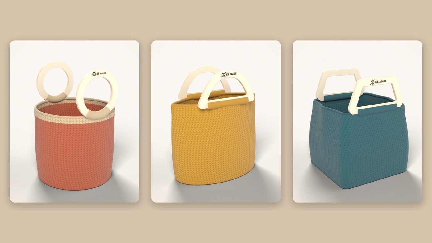 Três bolsas de crochê SB Ateliê: balde telha, tote oval mostarda e cubo azul petróleo